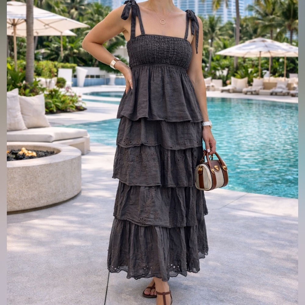 Puro Lino Made in Italy Linen Top & Tiered Maxi Skirt 2 Piece Set